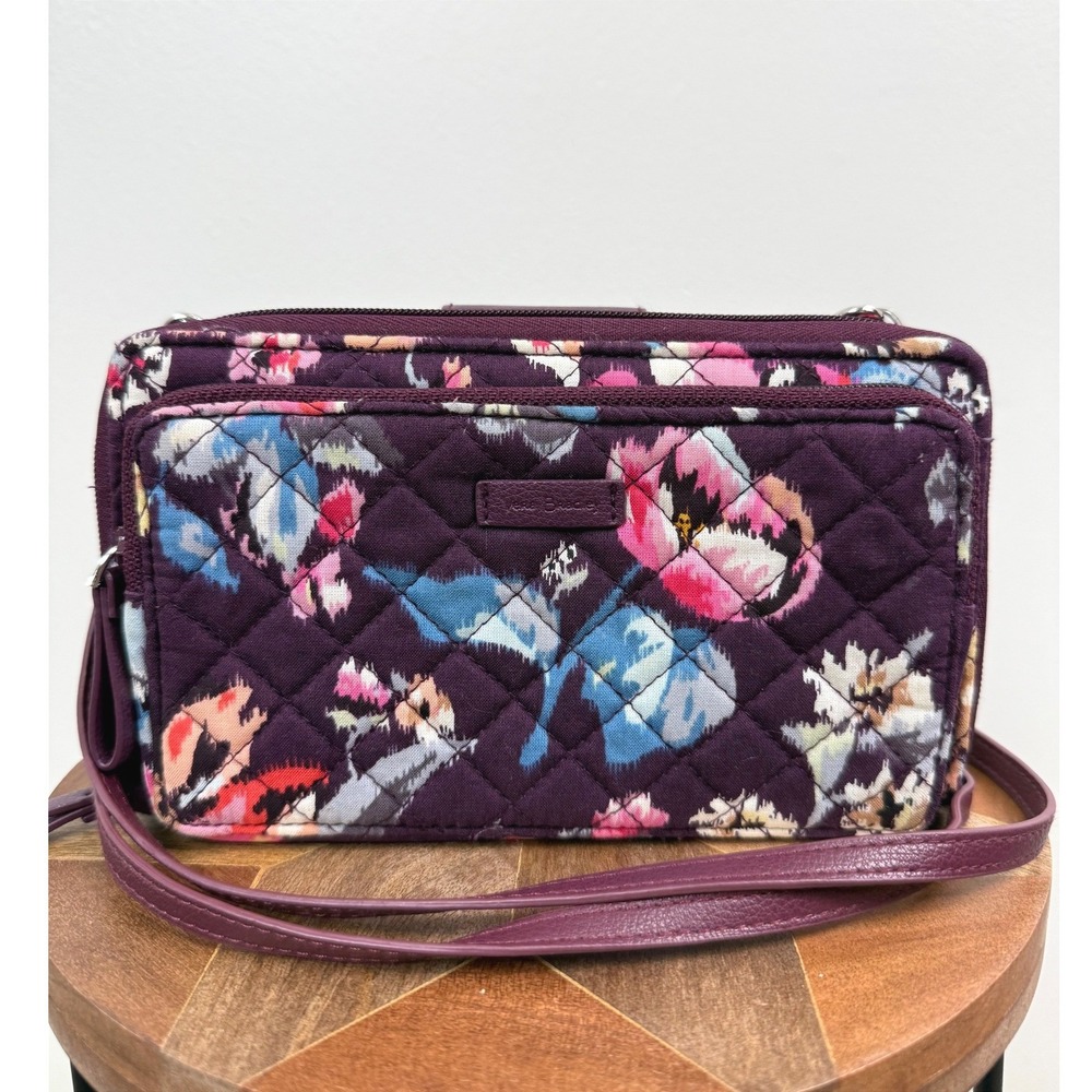 Vera Bradley RFID All in One Crossbody Wallet Purple Floral Ikat Quilted Bag
